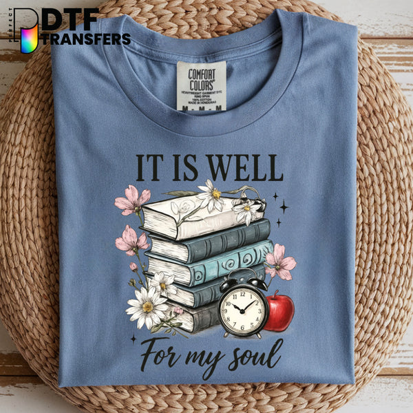 "It Is Well For My Soul" Bookstack with Reading Glasses – Teacher DTF Transfer