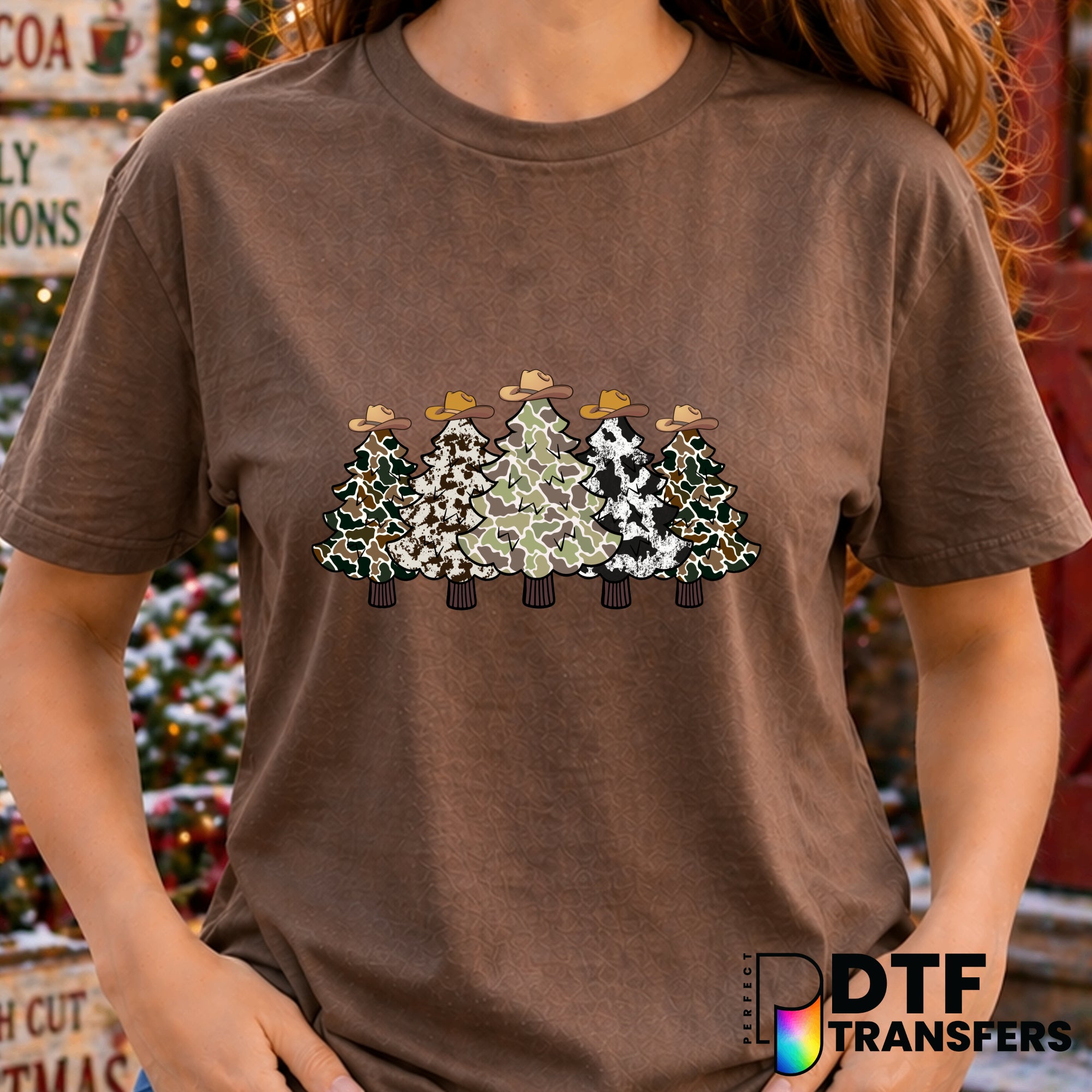Camo Cowhide Christmas Trees Cowboy Hat – Christmas DTF Transfer