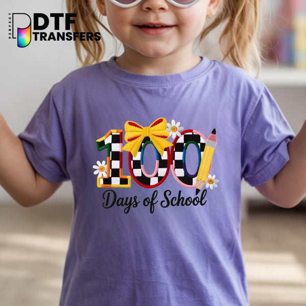 100 DAYS SMARTER – Teacher DTF Transfer with Pencil, Bow, and Checkerboard