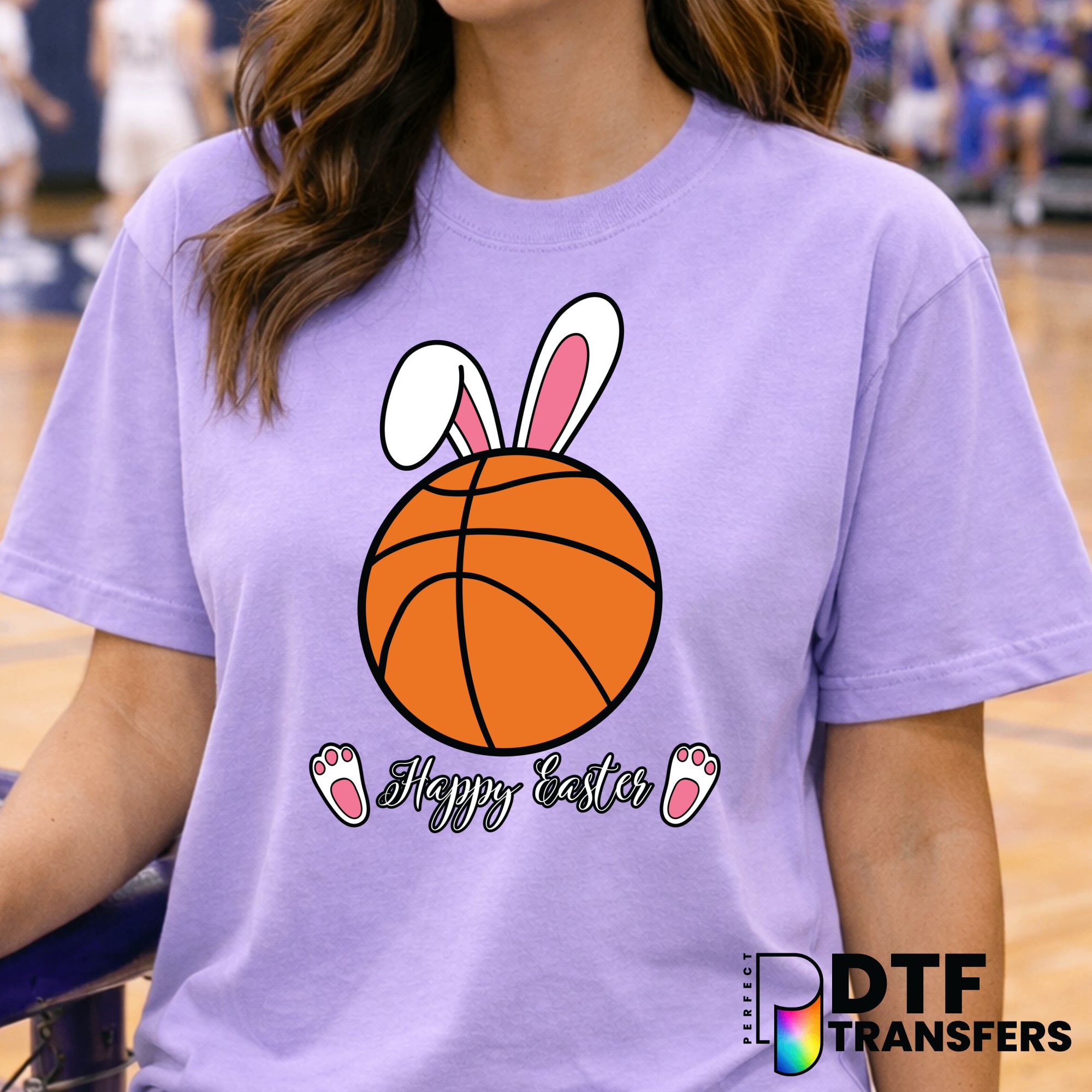 Happy Easter Basketball with Bunny Ears – DTF Transfer