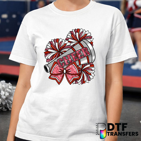 Red Glitter Cheer Bow with Pom Poms – Cheerleading DTF Transfer