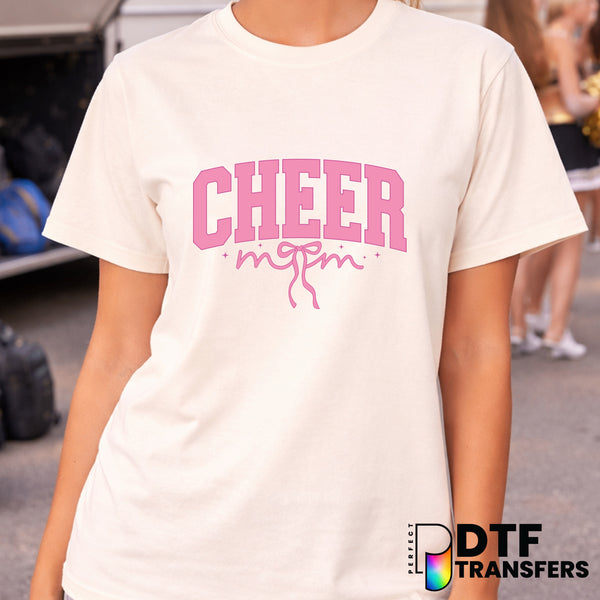Cheer Mom Varsity Arch with Coquette Pink Bow – Cheerleading DTF Transfer