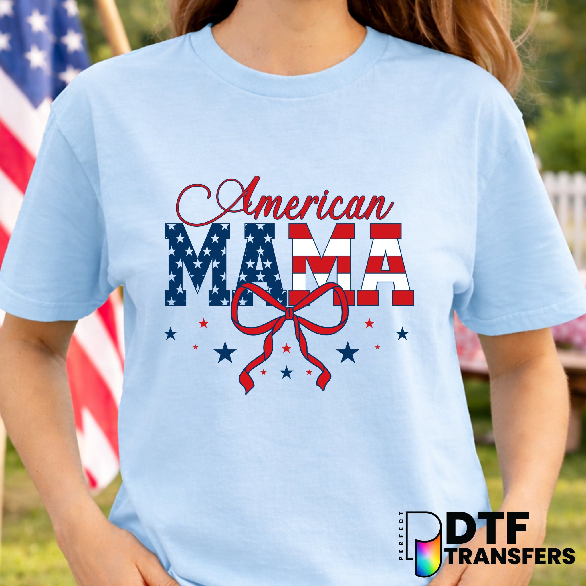 American Mama Coquette Bow with Stars – Fourth of July DTF Transfer