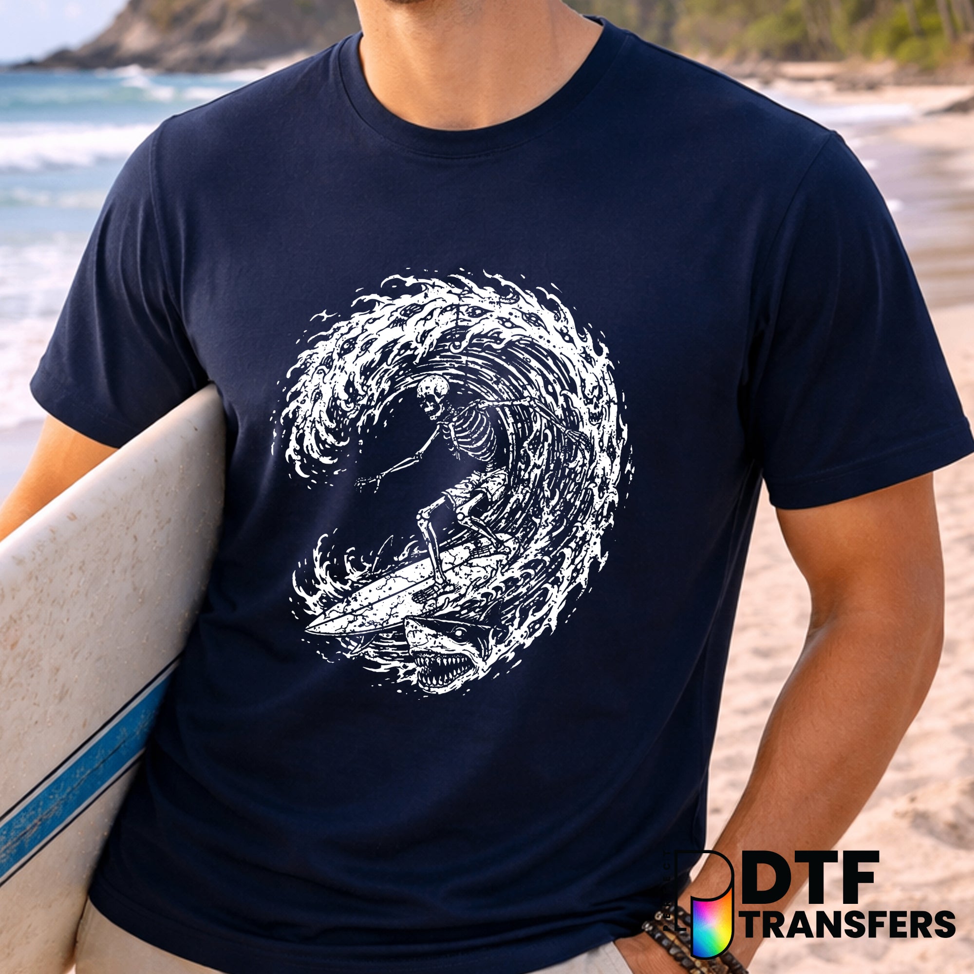 Retro Skeleton Surfing with Sharks – Surfing DTF Transfer