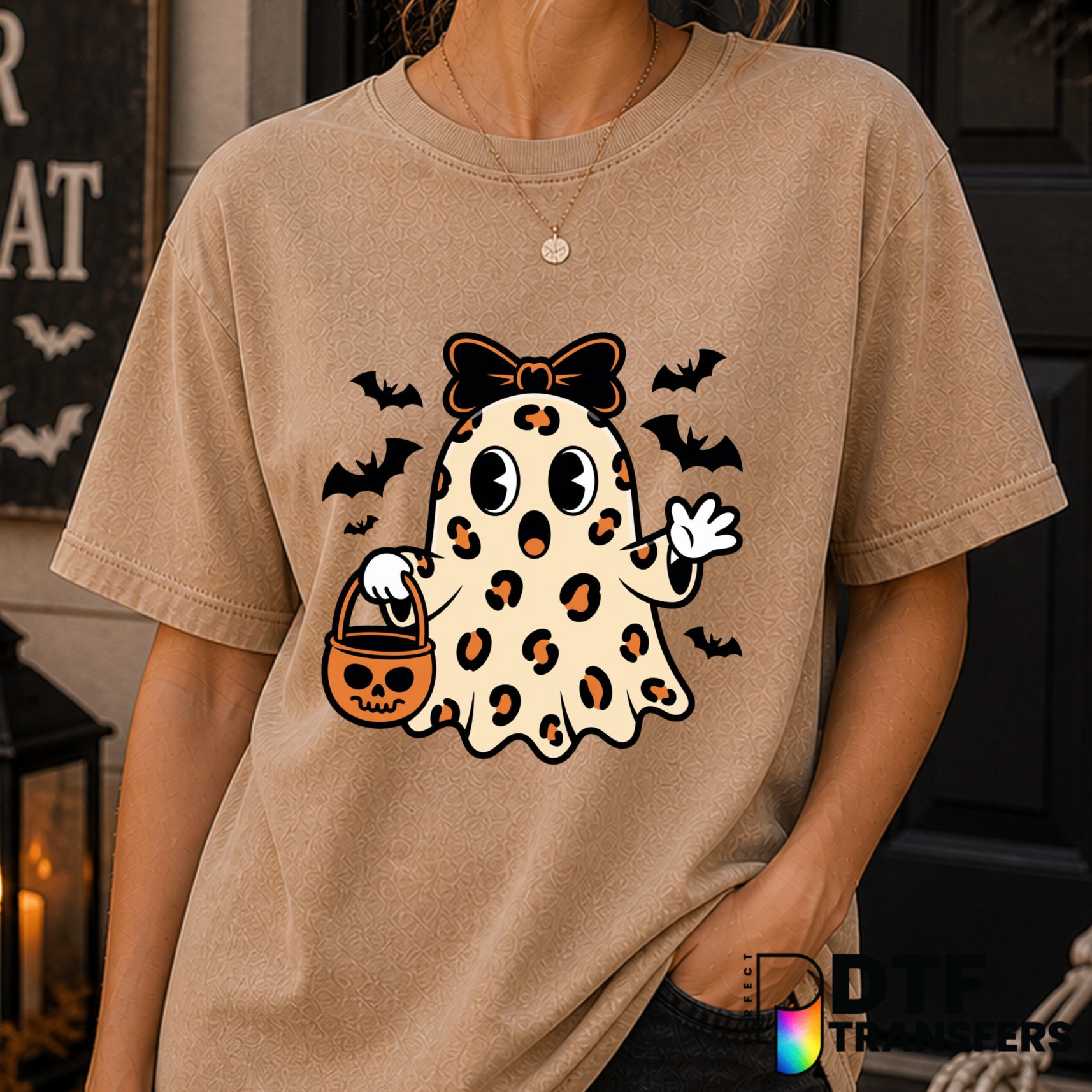 Cute Leopard Ghost Coquette Bow – Halloween DTF Transfer