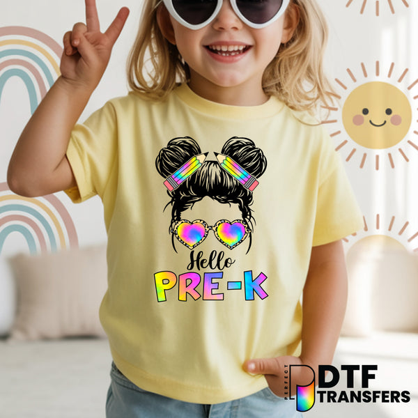 Hello Pre-K Messy Bun Tie-Dye – Pre-K Teacher DTF Transfer
