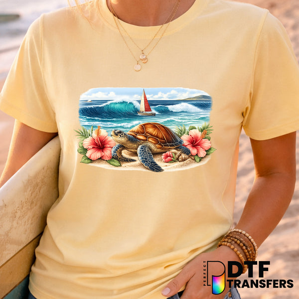 Retro Turtle Sailboat Hibiscus – Surfing DTF Transfer