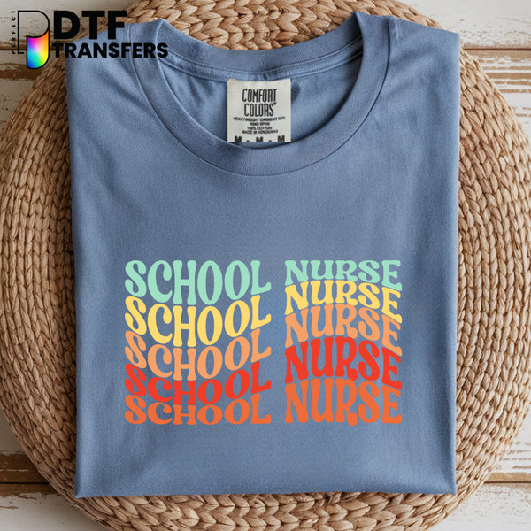 Retro Rainbow Wavy 'School Nurse' Text – School Nurse DTF Transfer