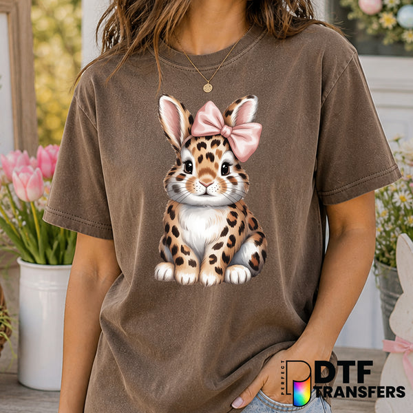 Leopard Print Bunny with Pink Bow – Easter DTF Transfer