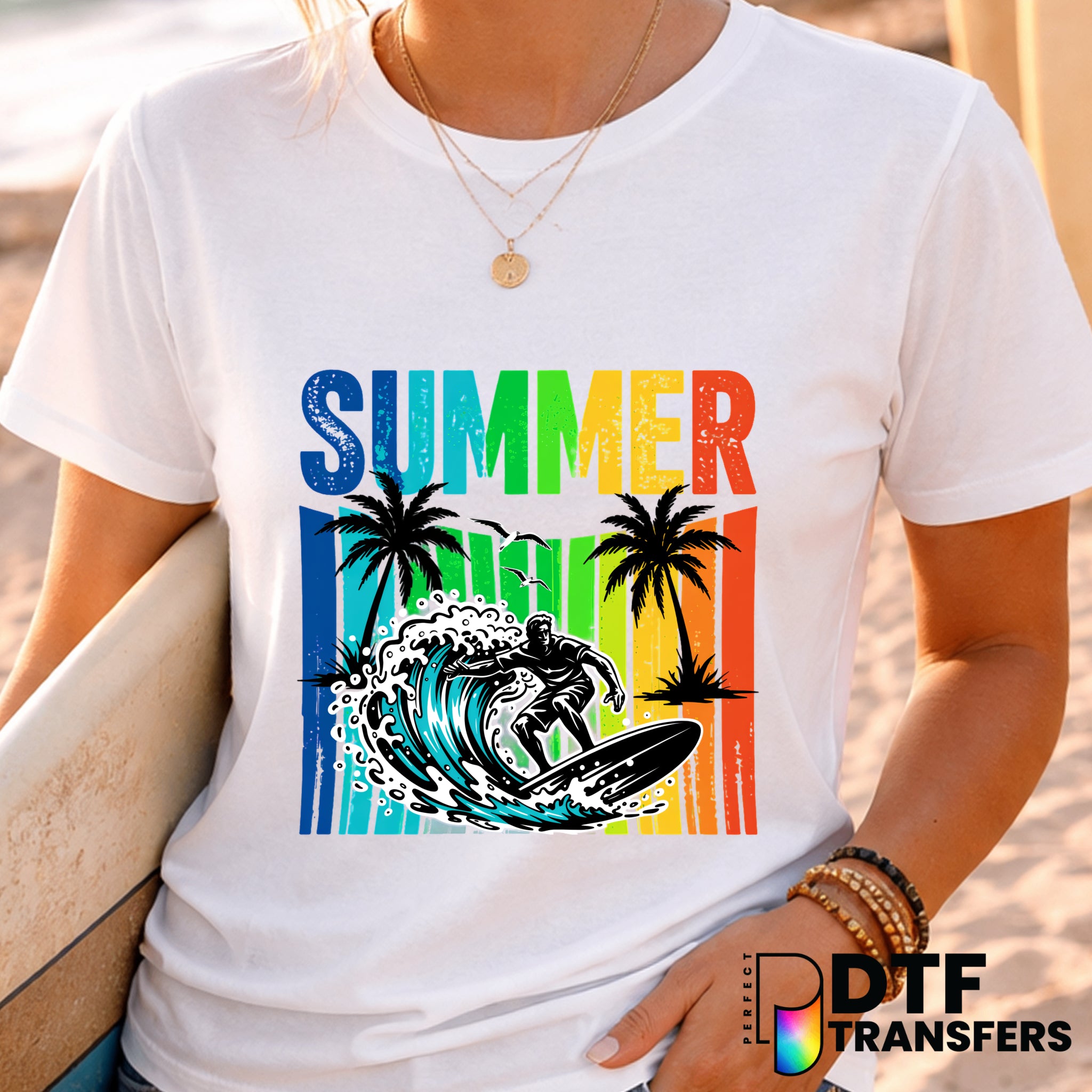 Rainbow Summer Surfer Tropical Surfing – Surfing DTF Transfer