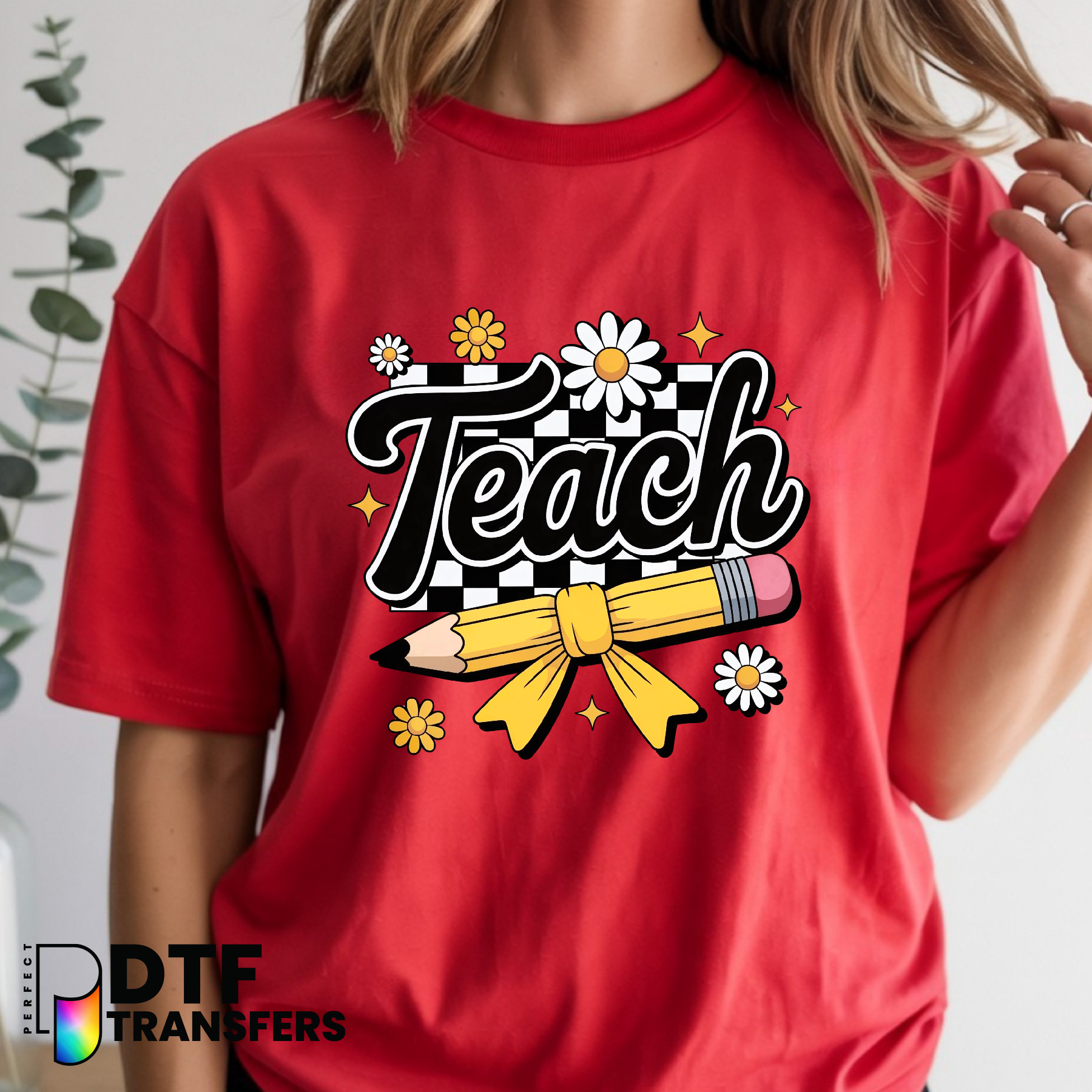 Teach – Retro Checkered Wavy Teacher DTF Transfer