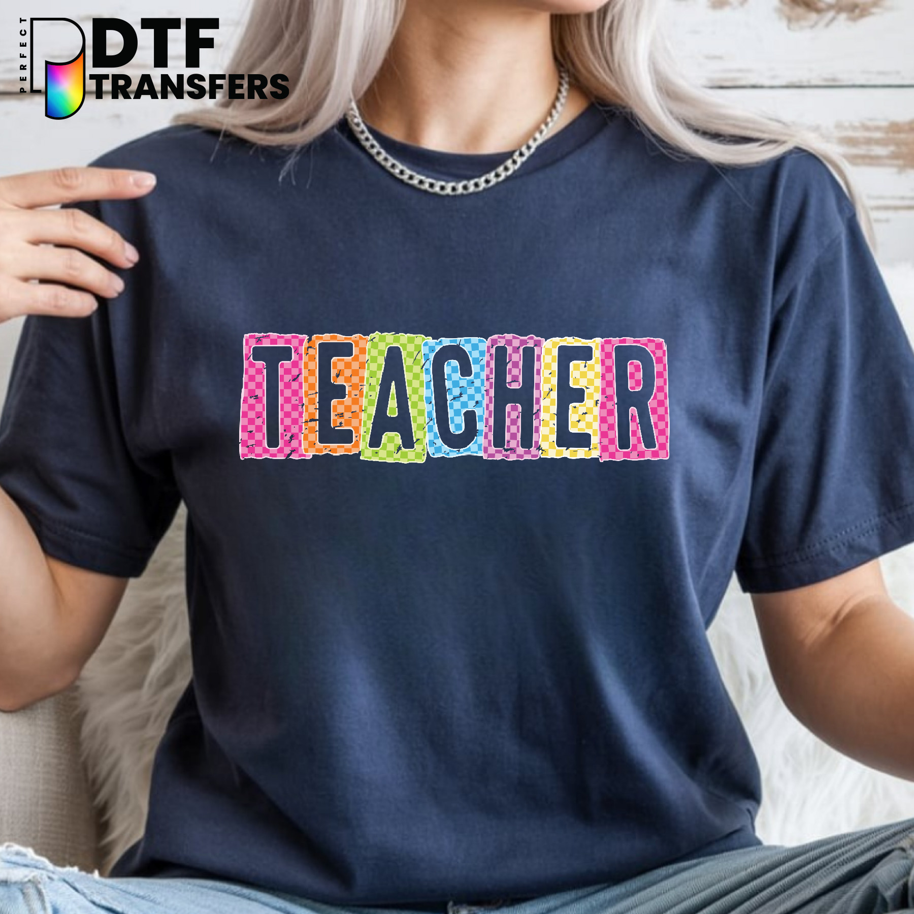 TEACHER Checkered Apple – Teacher DTF Transfer