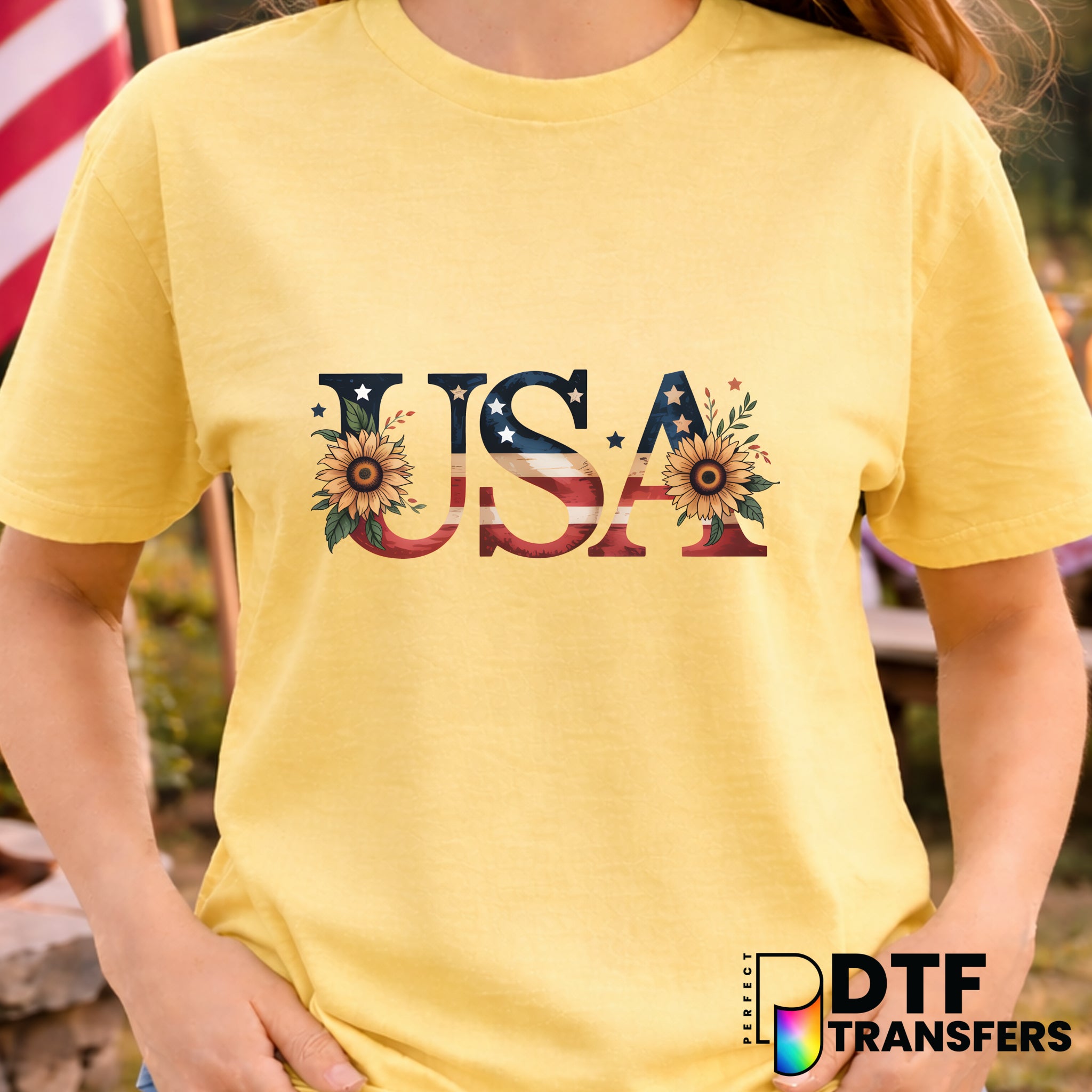 USA American Flag Floral Grunge Vintage 4th of July – DTF Transfer
