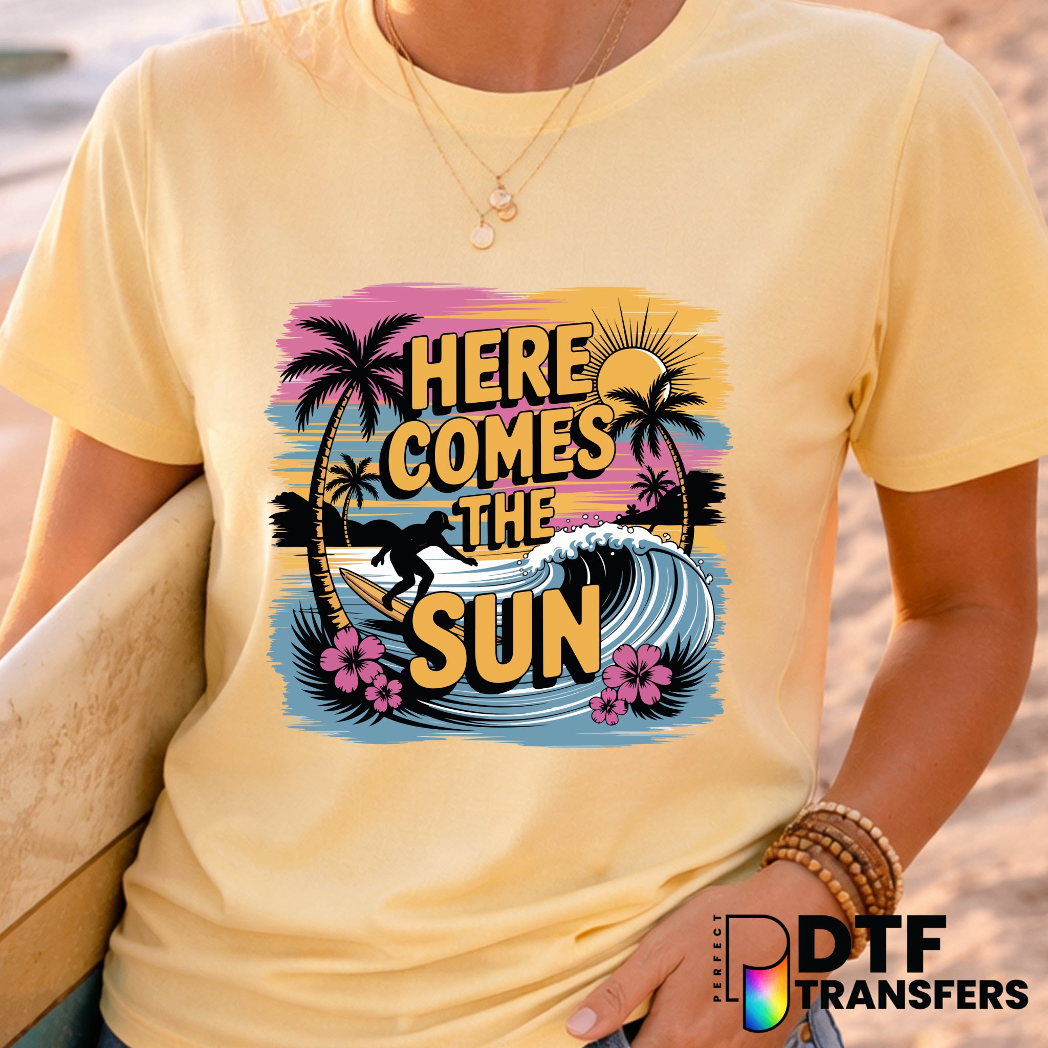 HERE COMES THE SUN SUMMER SURFING SUNSET – Surfing DTF Transfer