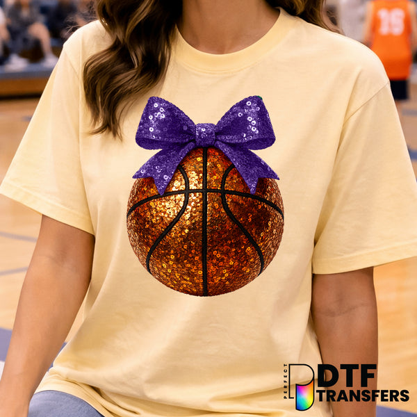 Purple Faux Sequin Bow Basketball DTF Transfer