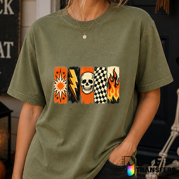 VINTAGE RETRO HALLOWEEN SKULL FLAMES CHECKERED GRUNGE – Halloween DTF Transfer