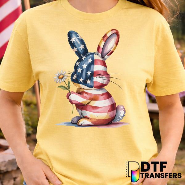 American Flag Bunny with Flower – Fourth of July DTF Transfer