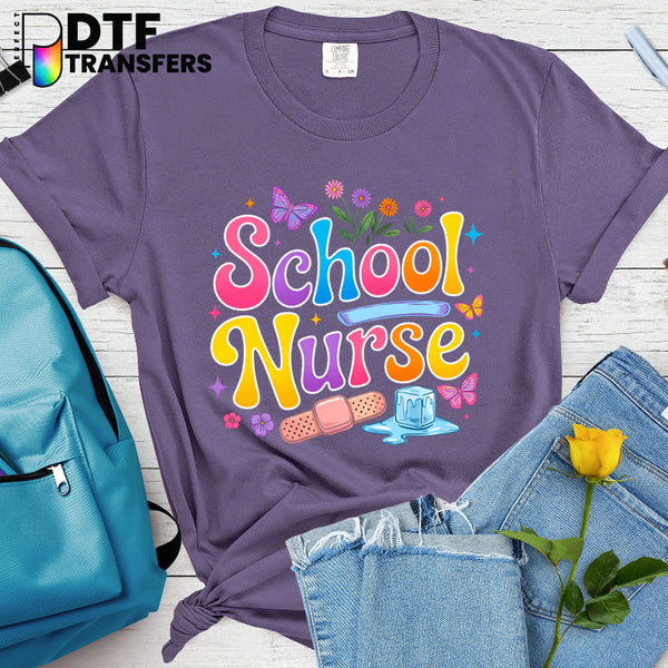 School Nurse with Colorful Butterflies and Flowers – School Nurse DTF Transfer