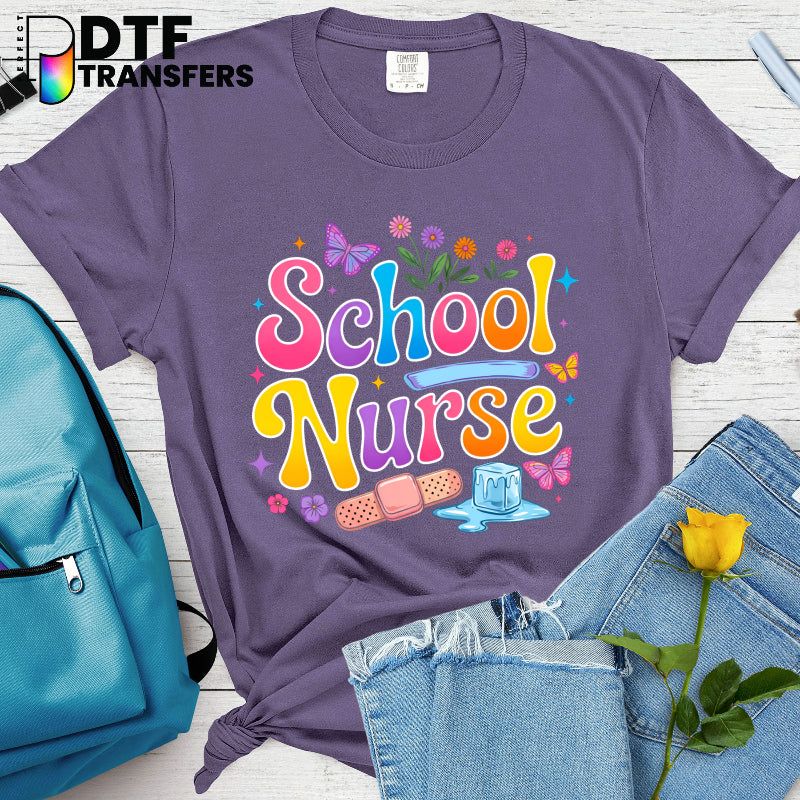 School Nurse with Colorful Butterflies and Flowers – School Nurse DTF Transfer