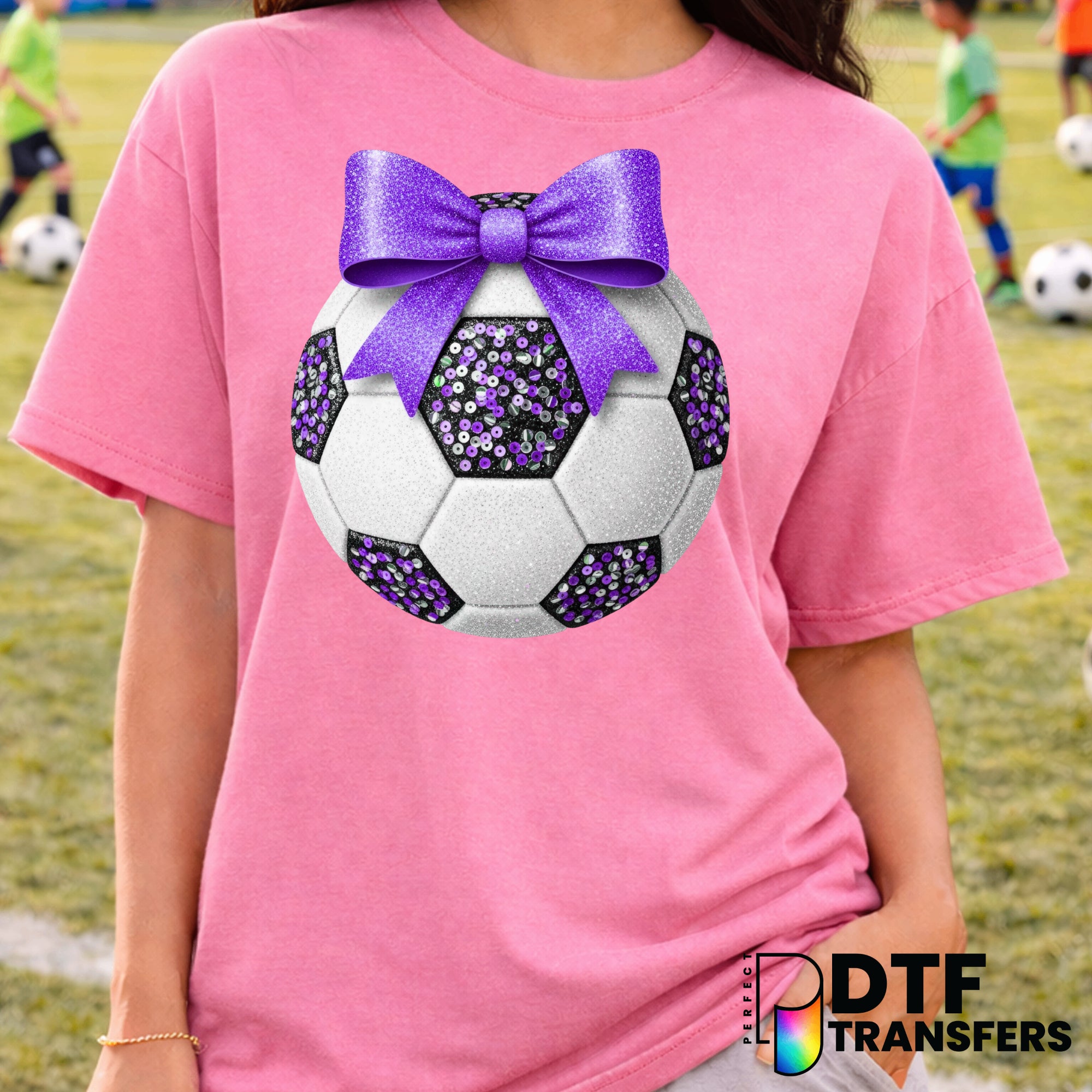 Purple Glitter Sequin Soccer Ball Coquette Bow – Soccer DTF Transfer