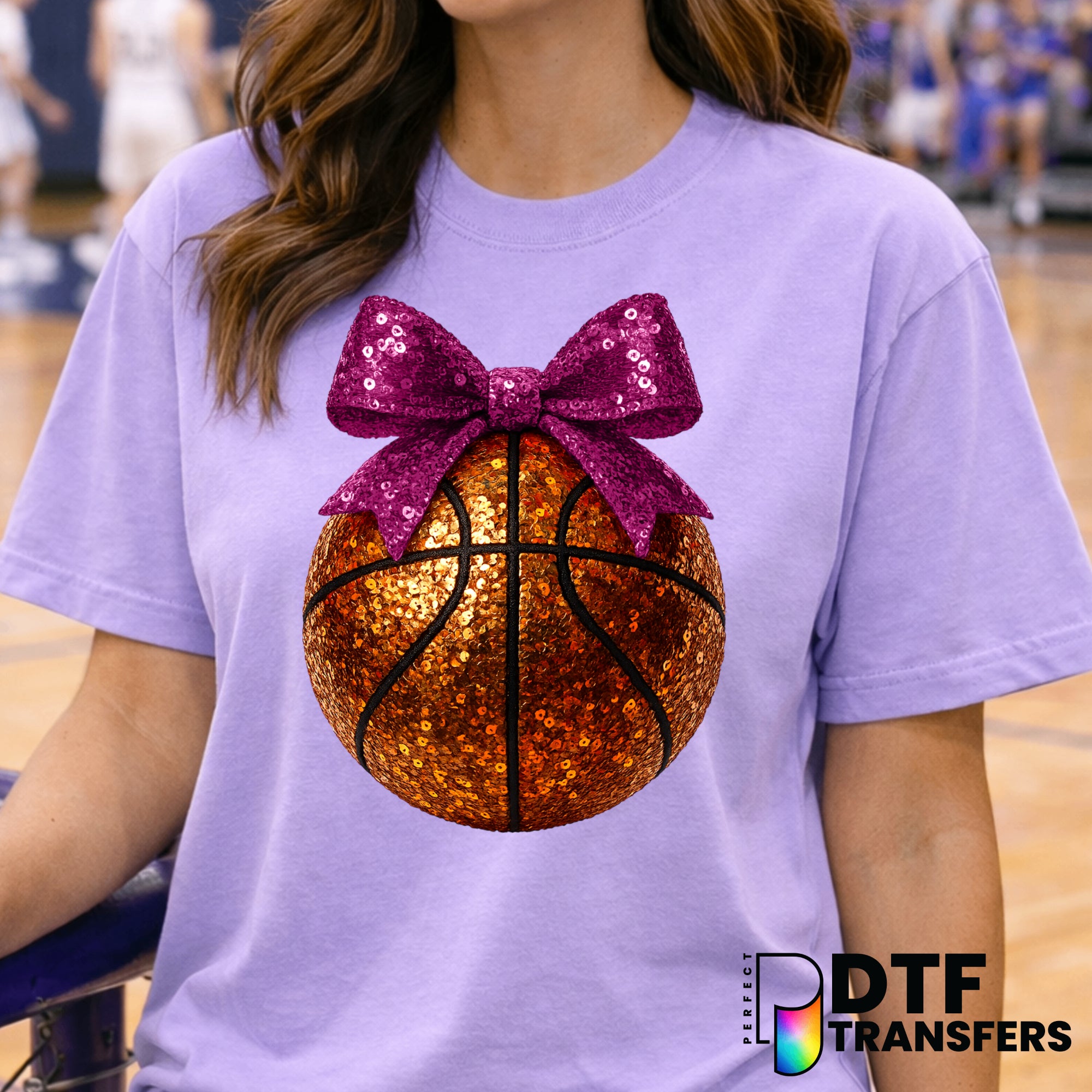 Pink Faux Sequin Bow Basketball – DTF Transfer