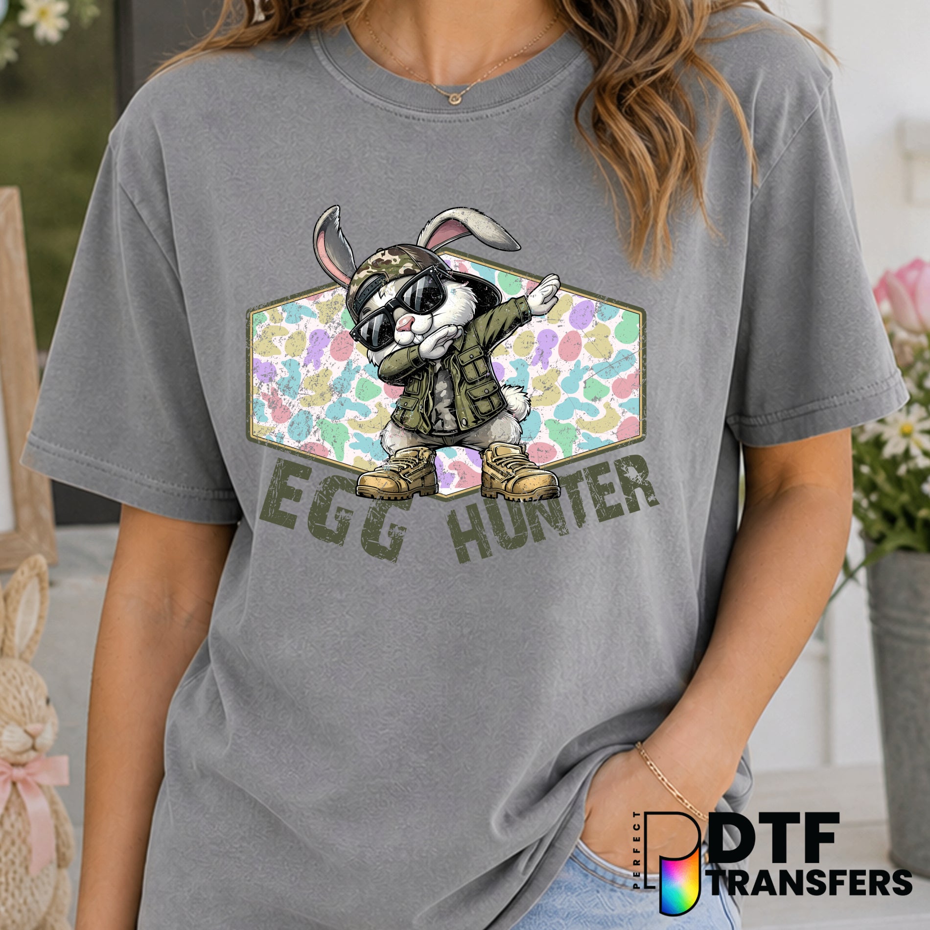 Camo Dabbing Bunny Easter Egg Hunter – Easter DTF Transfer