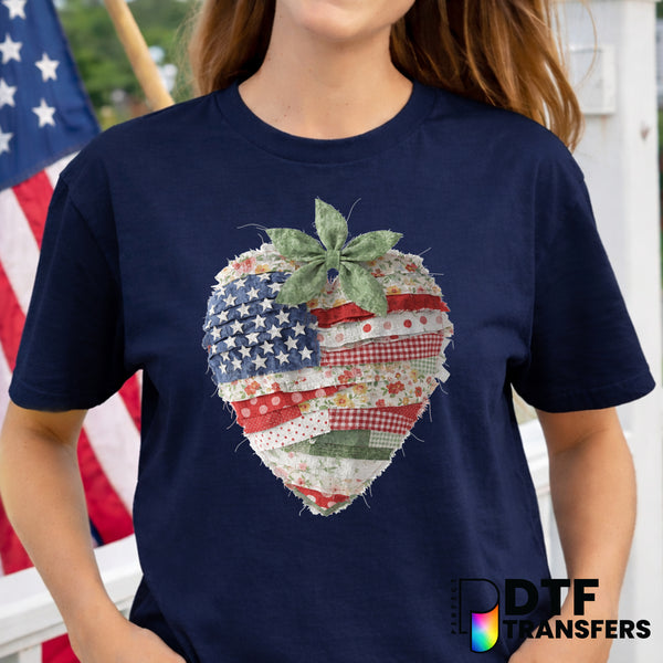 Faux Patchwork Strawberry – Fourth of July DTF Transfer
