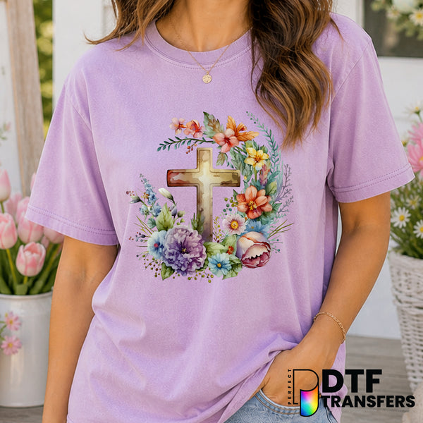 Religious Cross with Floral Arch – Easter DTF Transfer