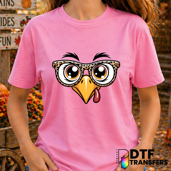 Cute Turkey Face with Leopard Glasses – Thanksgiving DTF Transfer