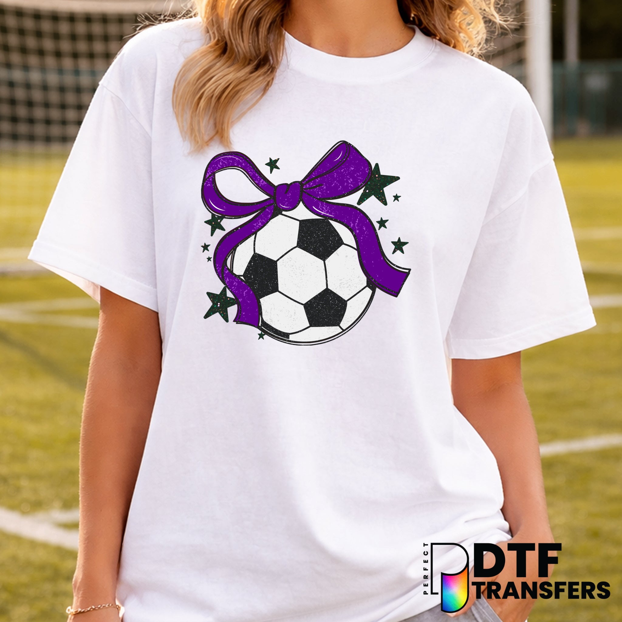 Soccer Ball with Purple Bow – Soccer DTF Transfer