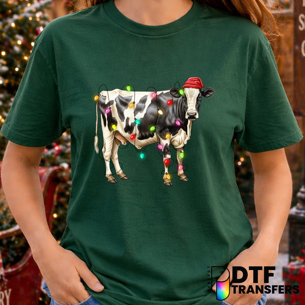 Christmas Cow with Santa Hat and Lights – Christmas DTF Transfer