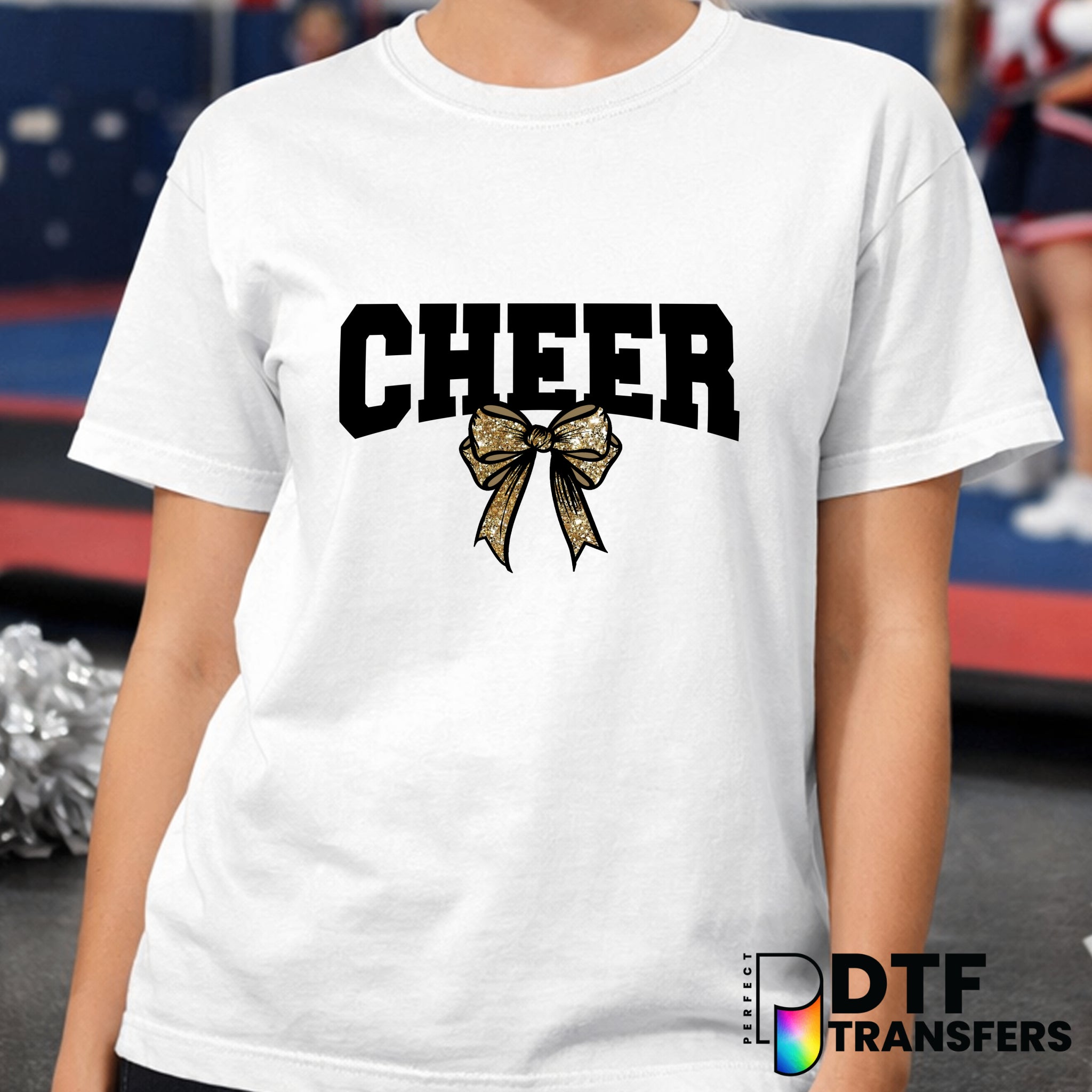 Cheer Varsity Arch With Coquette Gold Bow – Cheerleading DTF Transfer