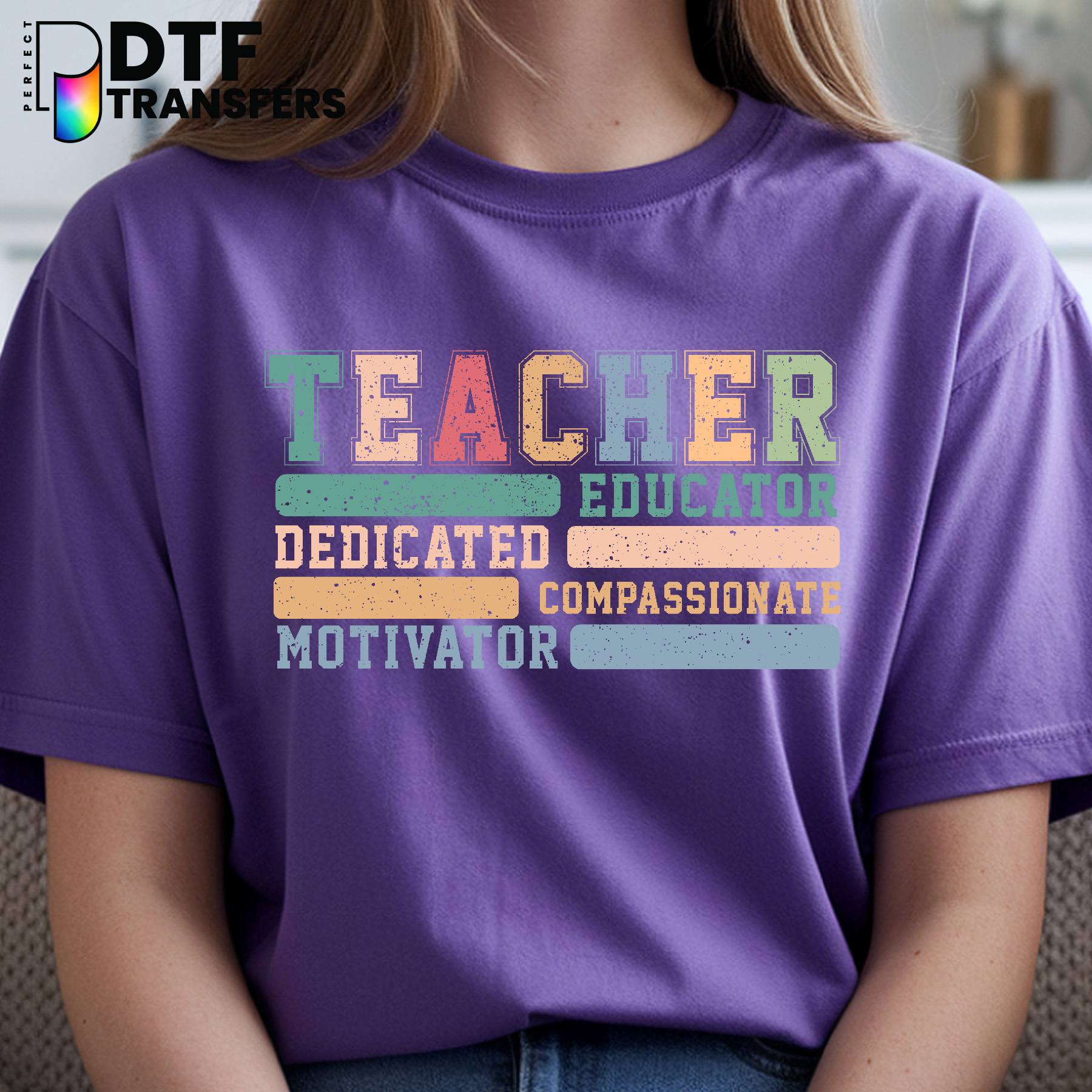 Teacher, Educator, Dedicated, Compassionate, Motivator - Teacher School Supplies Badge DTF Transfer