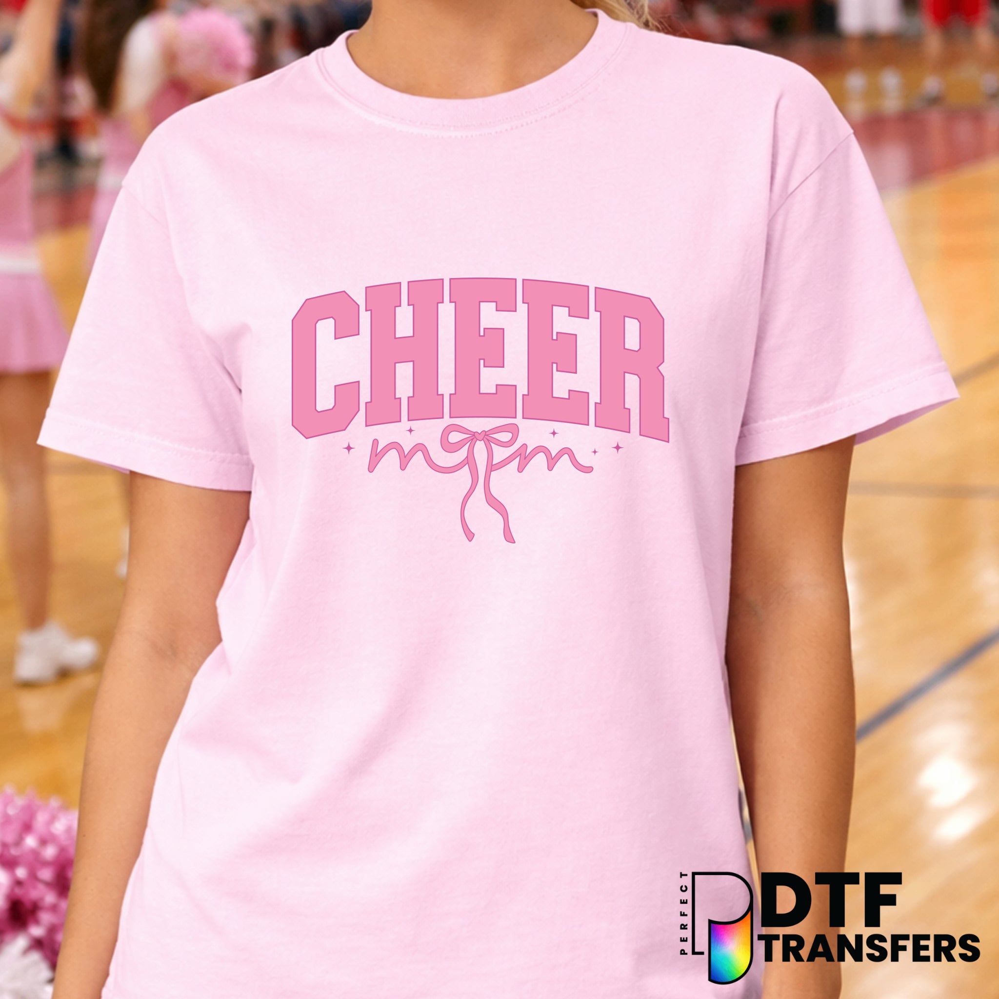 Cheer Mom Varsity Arch with Coquette Pink Bow – Cheerleading DTF Transfer