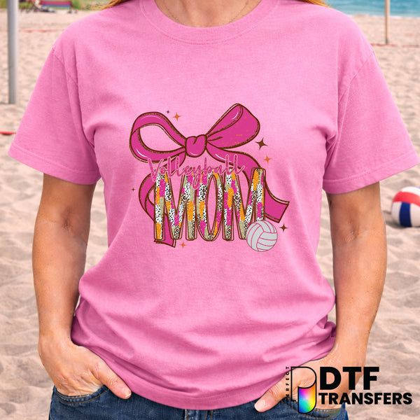 Pink and Orange Preppy Leopard Glitter Volleyball Mom – DTF Transfer