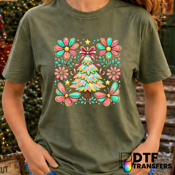 Floral Christmas Tree Butterflies – Christmas DTF Transfer