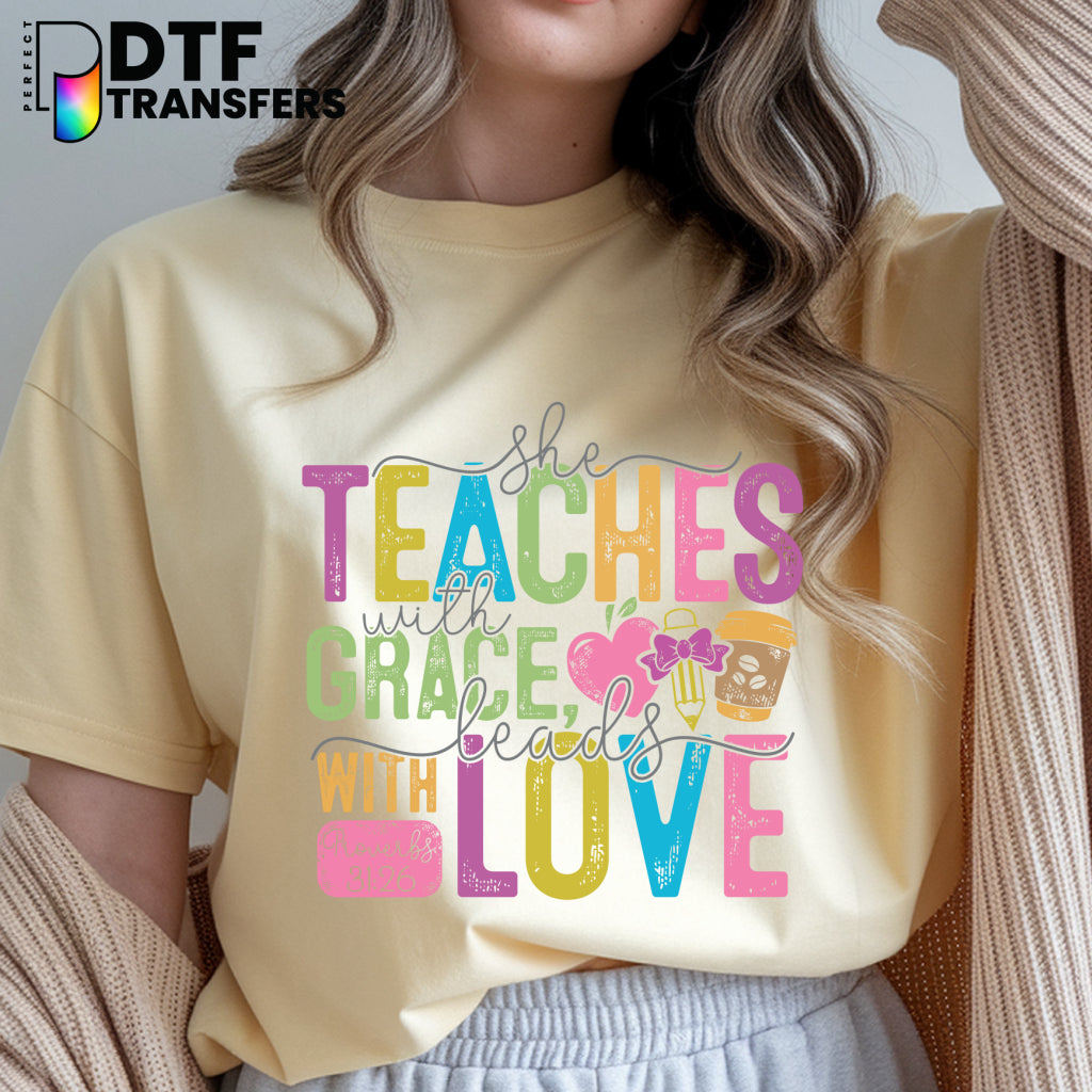She Teaches With Grace – Religious Teacher DTF Transfer
