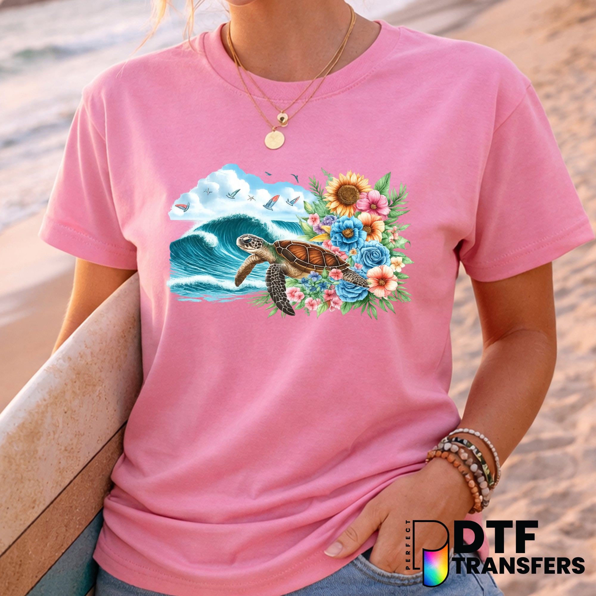 Retro 90's Floral Surf Turtle – Surfing DTF Transfer