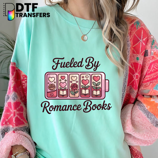 Fueled by Romance Books & Coffee – Teacher DTF Transfer with Books and Mug