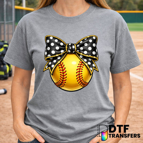 Coquette Softball with Black Bow – Softball DTF Transfer