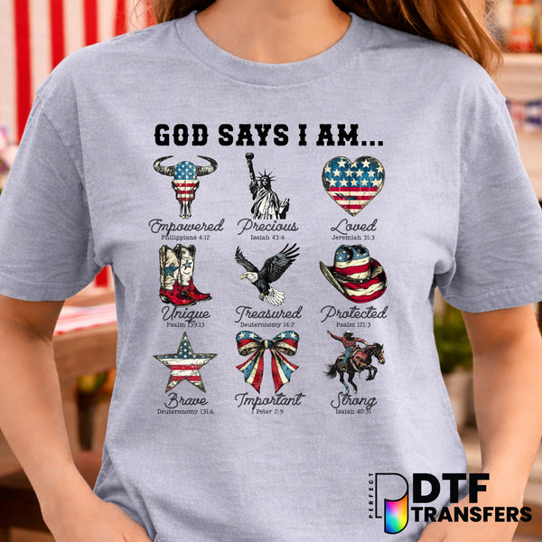 God Says I Am Patriotic Rope Western – Fourth of July DTF Transfer