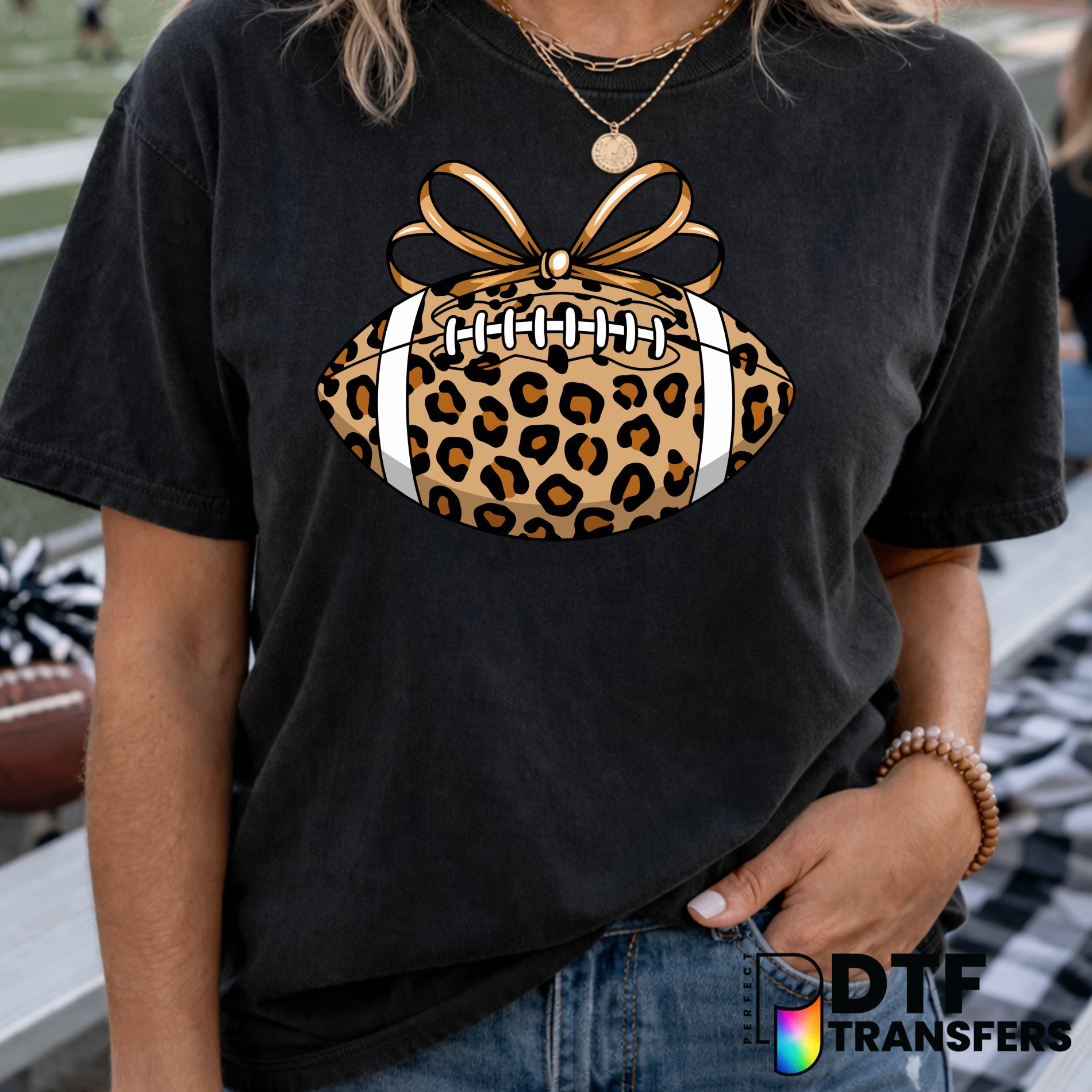 Leopard Print Football with Bow – Football DTF Transfer