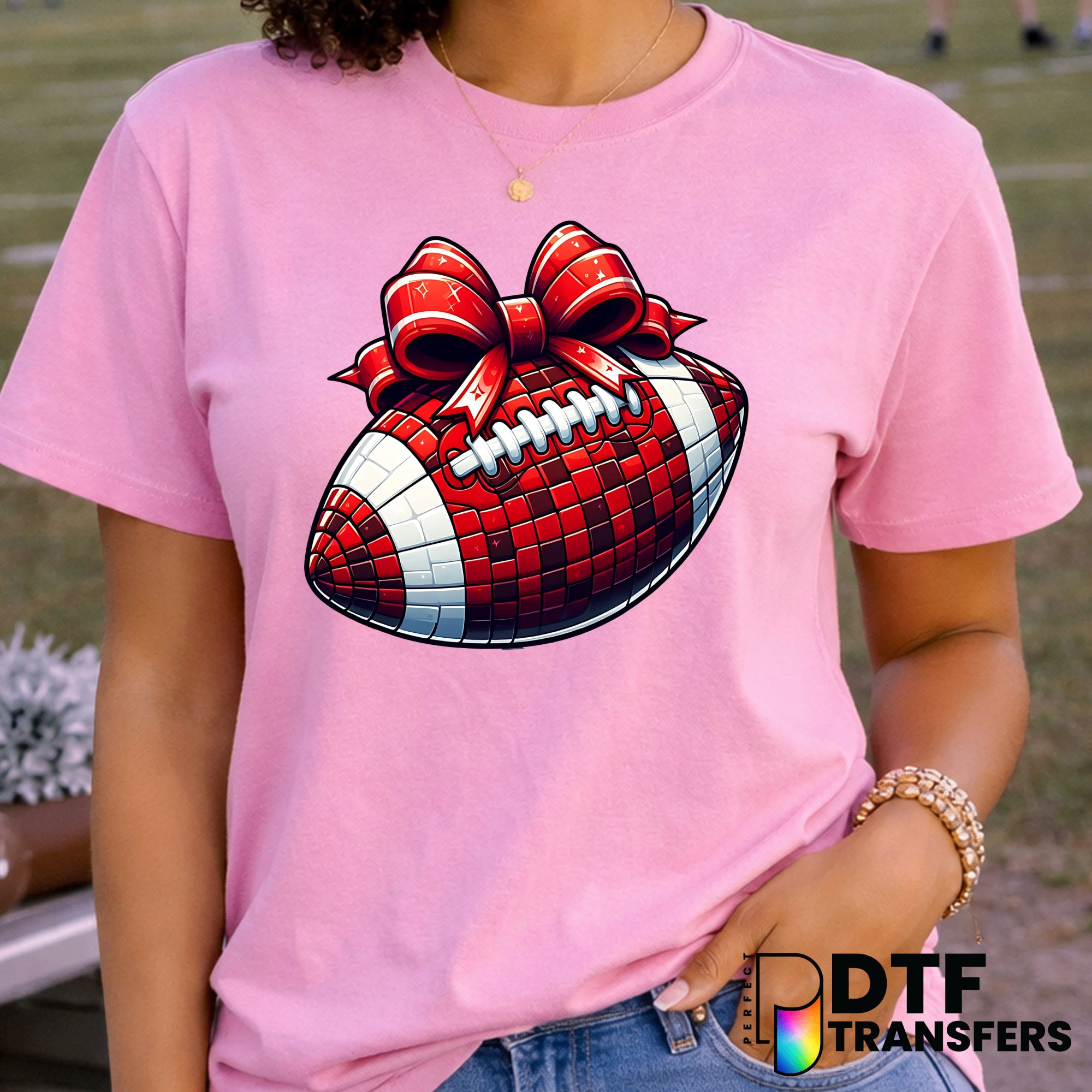 Football with Checkered Bow – Football DTF Transfer