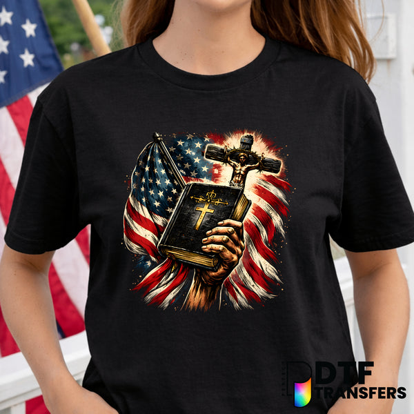 American Flag Cross Bible – Fourth of July DTF Transfer