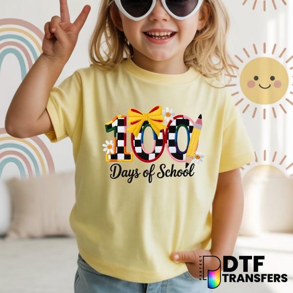 100 DAYS SMARTER – Teacher DTF Transfer with Pencil, Bow, and Checkerboard