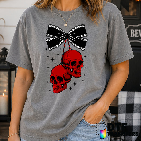 Coquette Lace Bow Skull Cherries – Halloween DTF Transfer