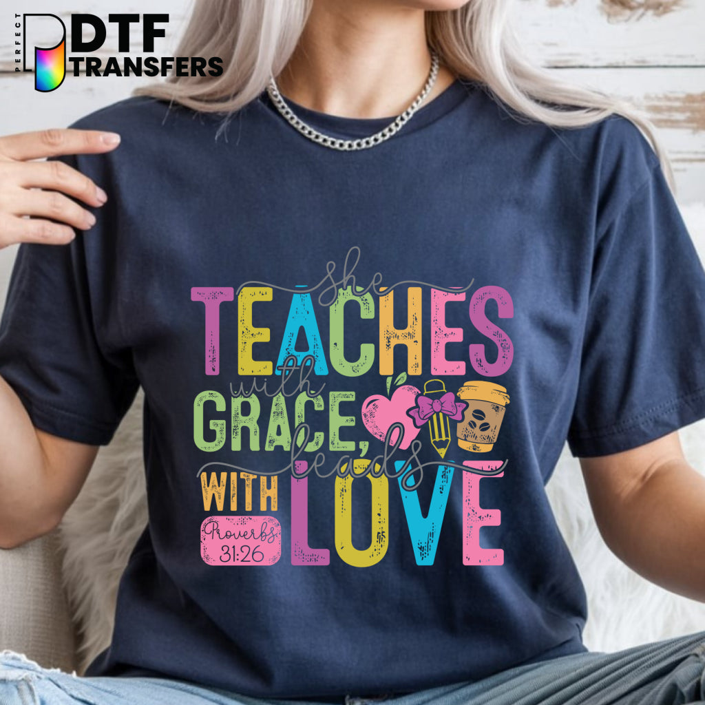 She Teaches With Grace – Religious Teacher DTF Transfer