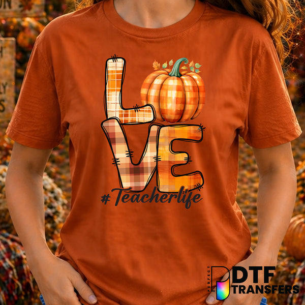 LOVE Stacked Plaid Pumpkin Thanksgiving Teacher Life – Thanksgiving DTF Transfer