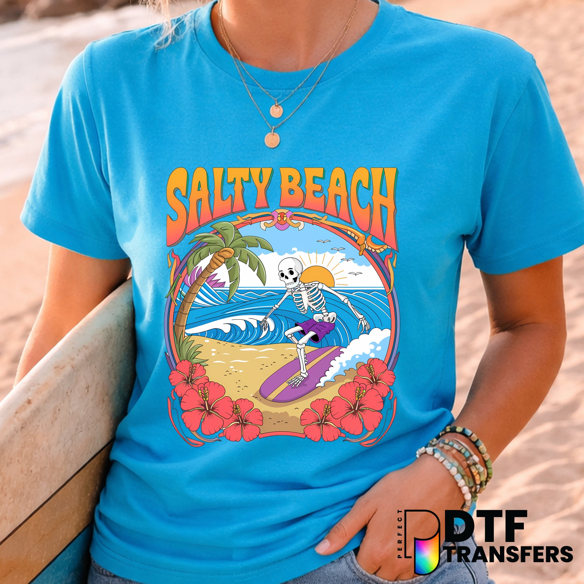 Salty Beach Skeleton Surfing – Surfing DTF Transfer