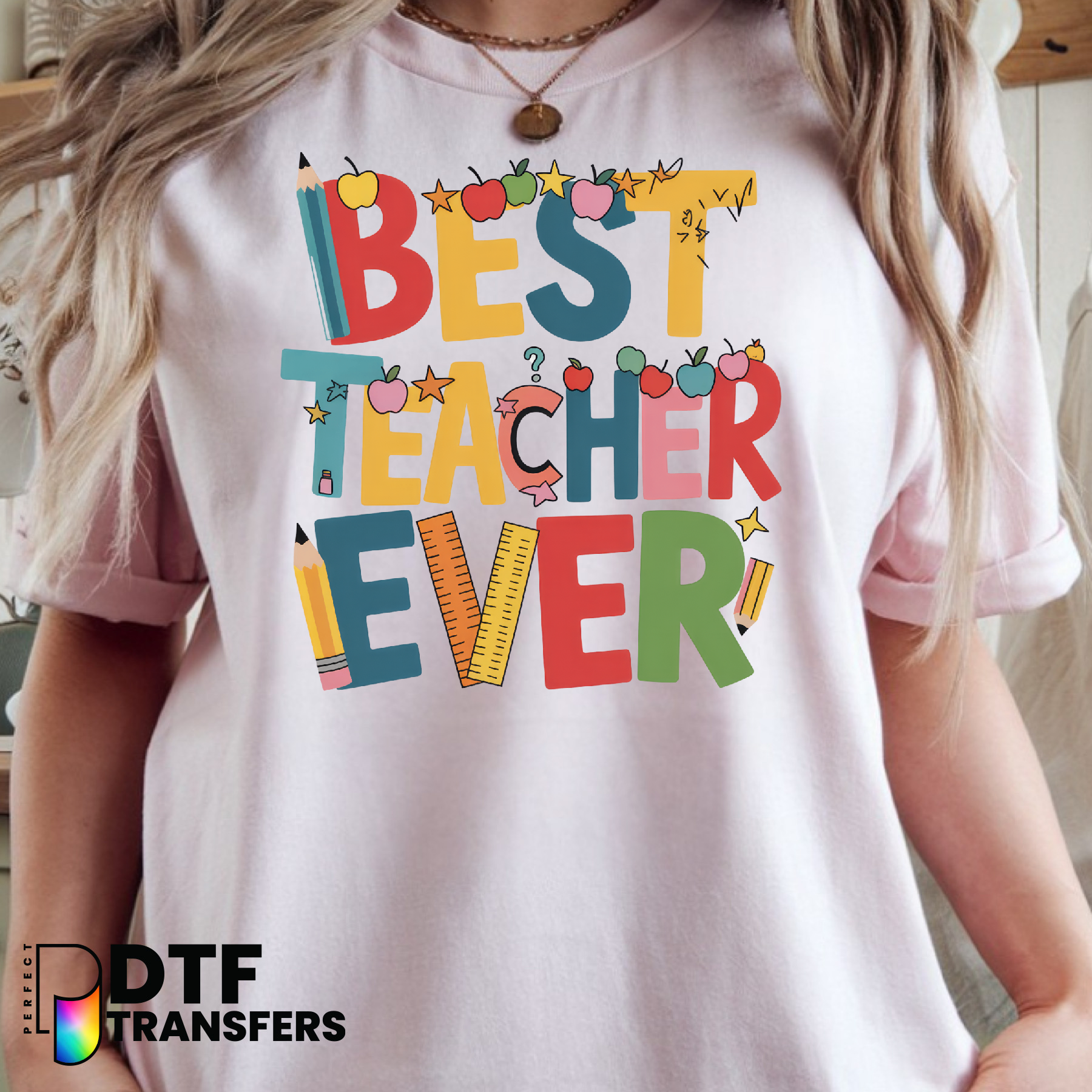 Best Teacher Ever Heart, Book, Apple & Pencil – Teacher DTF Transfer